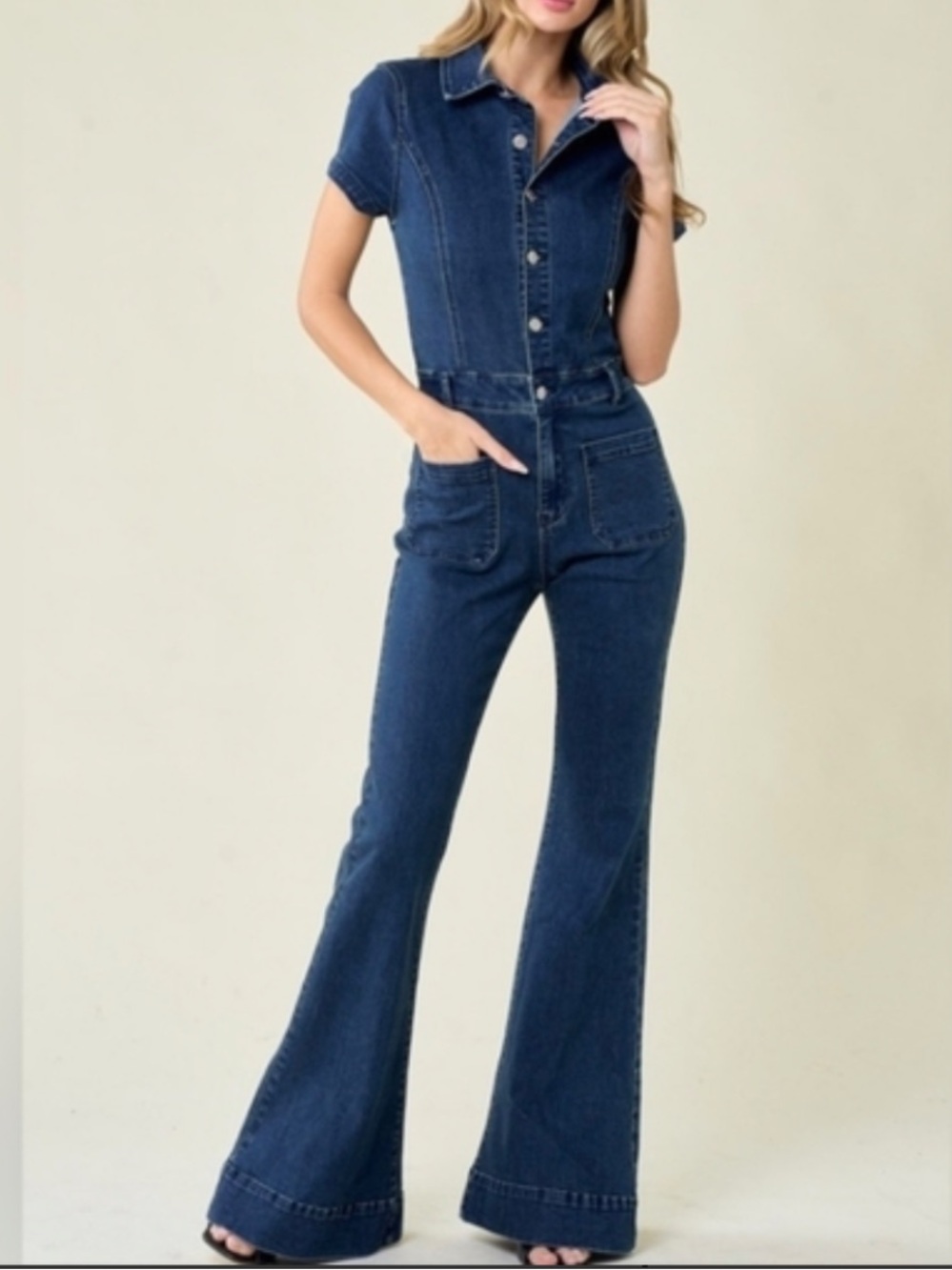 Wisteria Lane stretch denim fitted flare jumpsuit short sleeve M